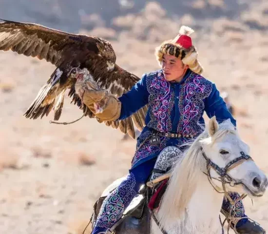 Eagle hunter riding a white horse during the Golden Bond Gobi exploration tour