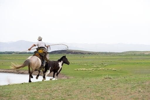 Horseback riding in Mongolia steppe with nomadic herder on adventure tour