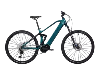 Electric mountain bike (E-MTB) with air suspension, Shimano drivetrain, hydraulic disc brakes, and 29-inch wheels, designed for smooth and stable off-road riding.