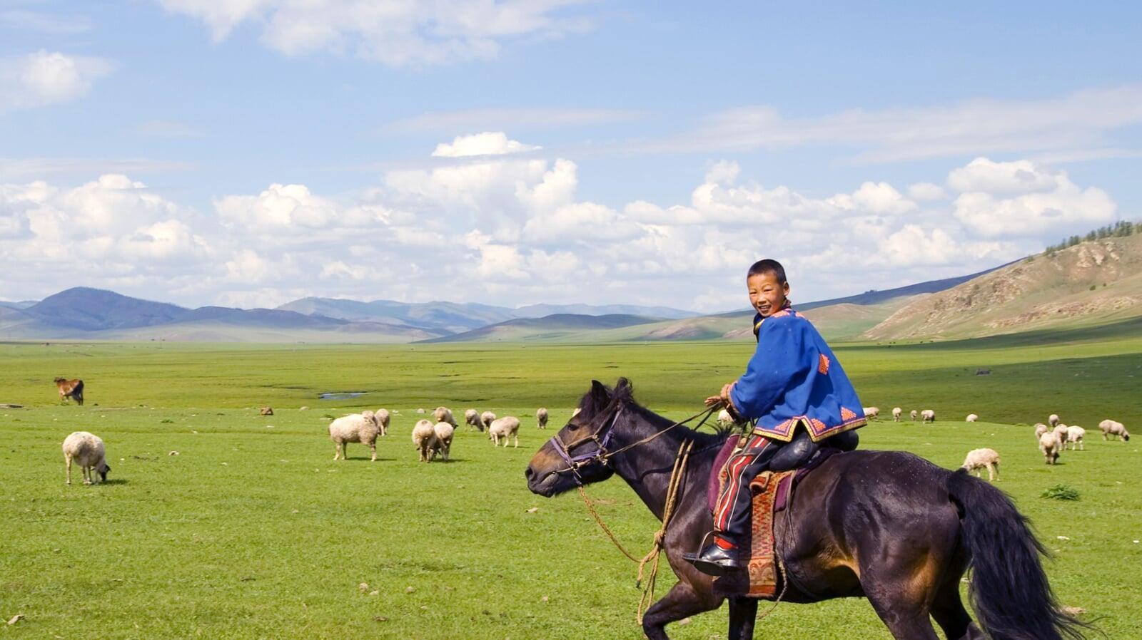 Rider on horseback in the Mongolian steppe