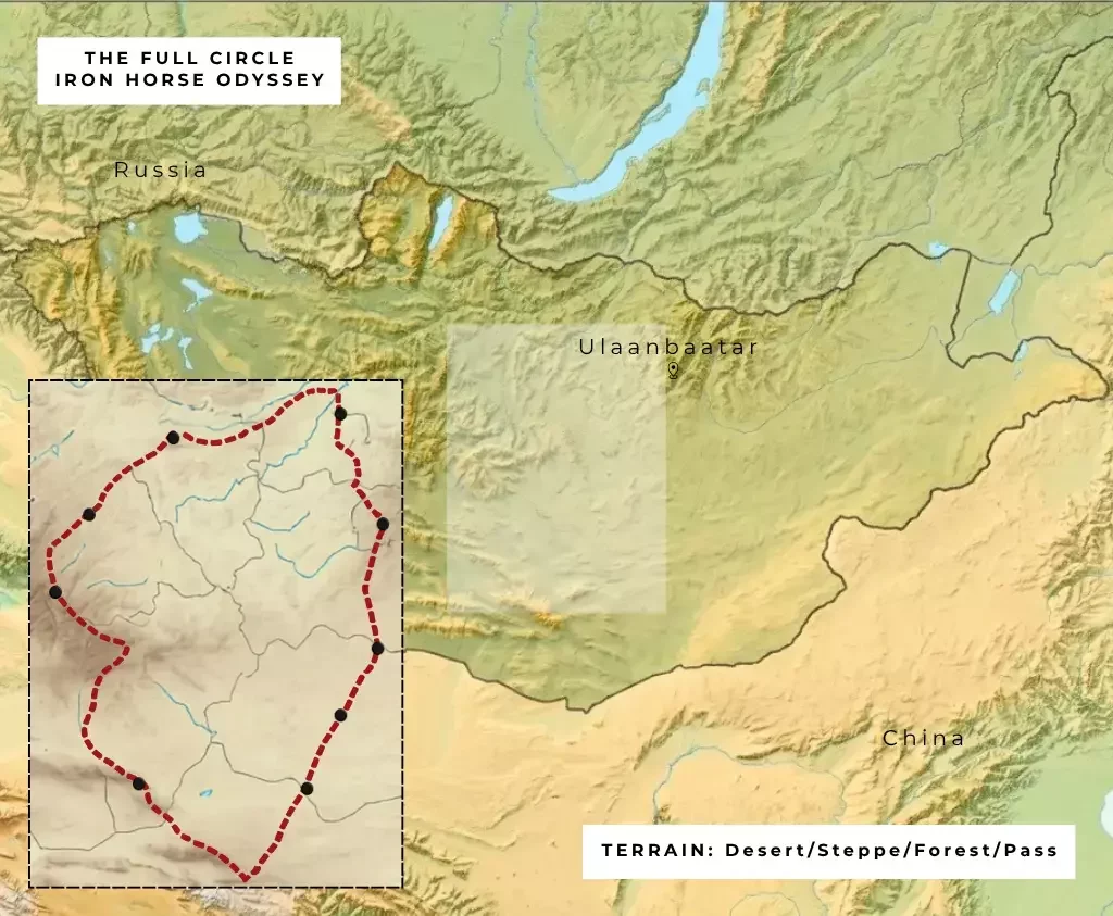 Mongolia motorcycle tour map for the Full Circle Iron Horse Odyssey, featuring 80% off-road adventure riding through the Gobi Desert and Orkhon Valley with thermal spring recovery.
