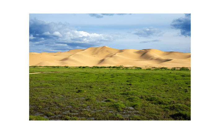 Gobi Desert landscape in Mongolia with sand dunes grasslands and scenic adventure travel view