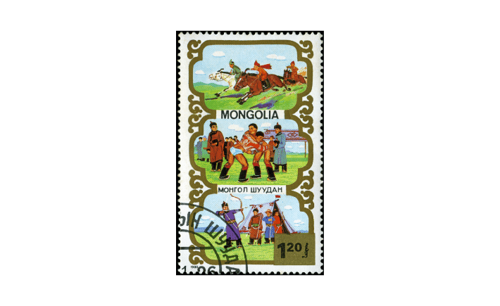 Traditional Mongolia Naadam Festival postage stamp featuring horse racing, wrestling, and cultural celebrations in the Gobi Desert