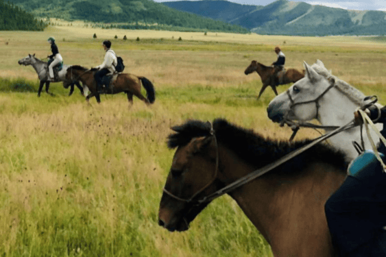 Horseback riding in Mongolia across open grasslands with riders on traditional horses in vast scenic landscape