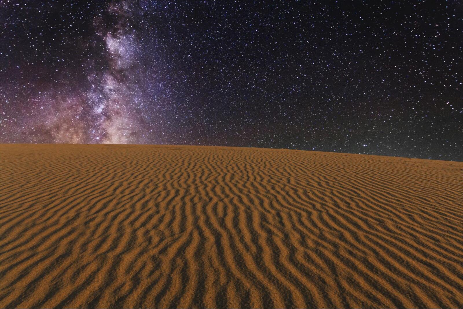 Milky Way over rippled sand dunes in the Gobi Desert, illustrating ancient caravan navigation under the night sky