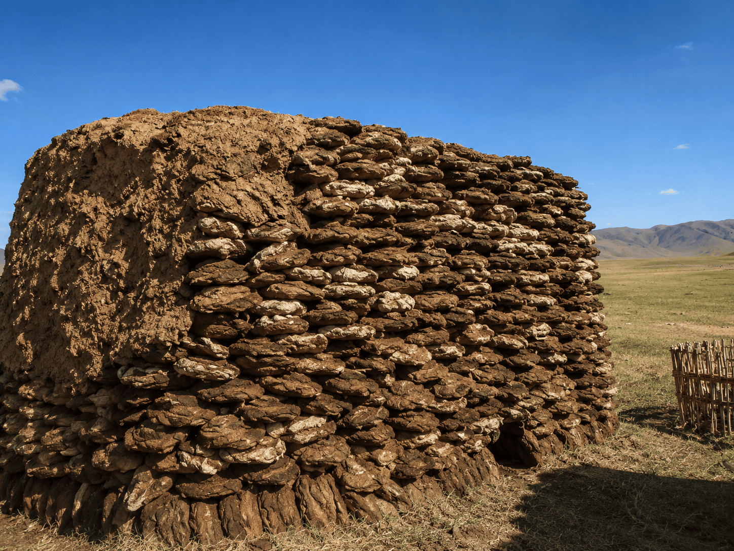 Mongolia nomadic culture – stacked animal dung fuel replacing firewood in grassland