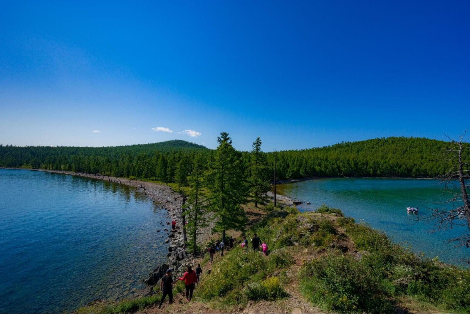 Scenic lake and forest landscape during hiking trip in nature representing mental clarity, stress relief, and system reboot benefits