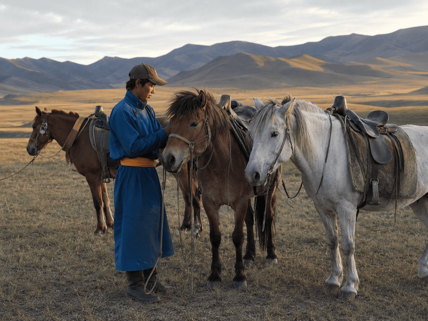 Traditional Mongolian horseman with strong Mongolian horses on the Mongolian steppe surrounded by scenic mountain landscapes