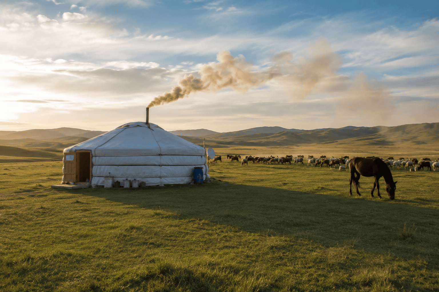Mongolia nomadic culture – ger (yurt) with stove smoke in степpe landscape with grazing animals