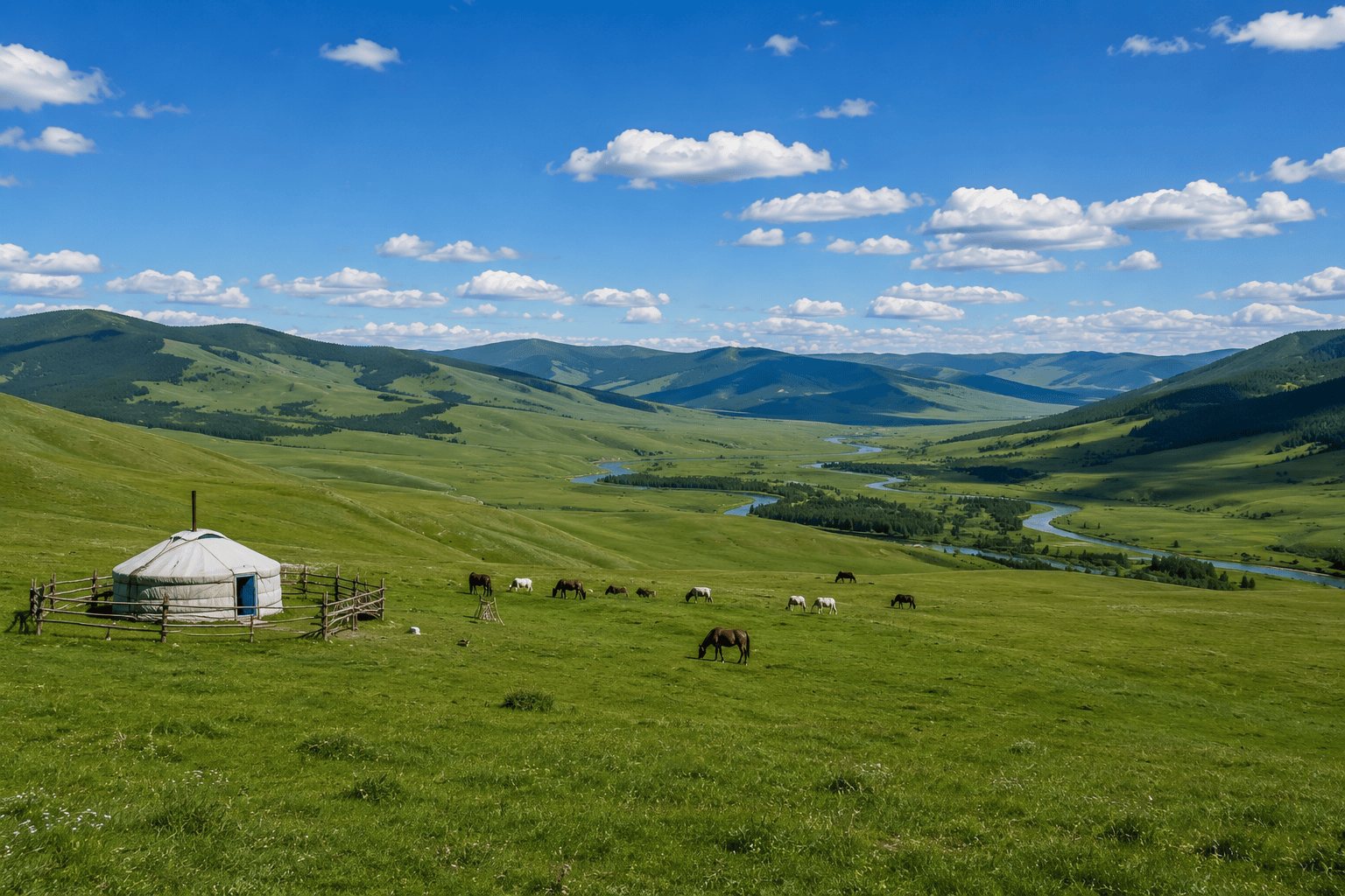 Eastern Mongolia and Khentii grassland landscape with traditional Mongolian ger, rolling hills, and scenic river valley.