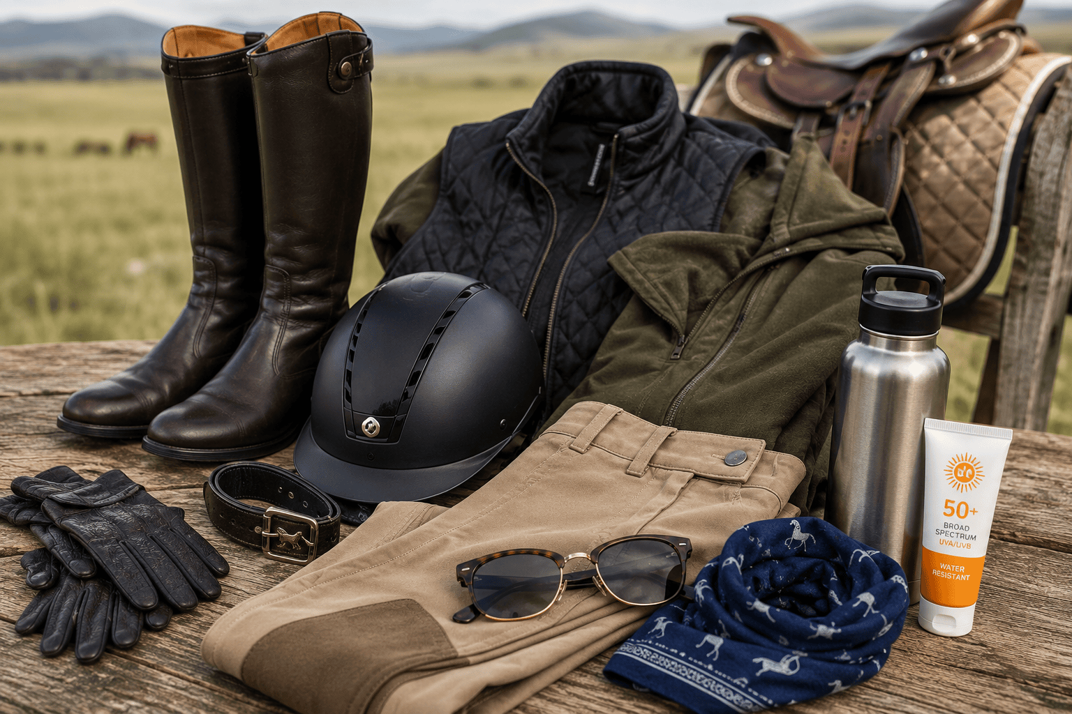 Essential horseback riding gear including boots helmet pants and accessories for beginner riders in Mongolia
