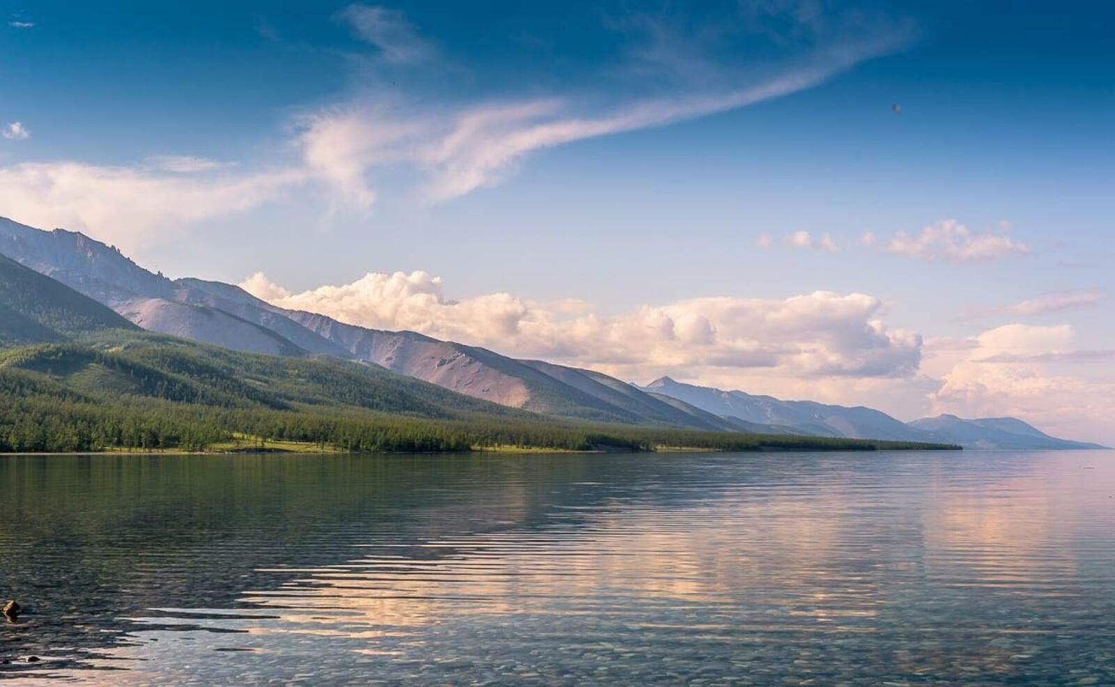 Khusvgul Lake landscape with mountains and clear water in Mongolia