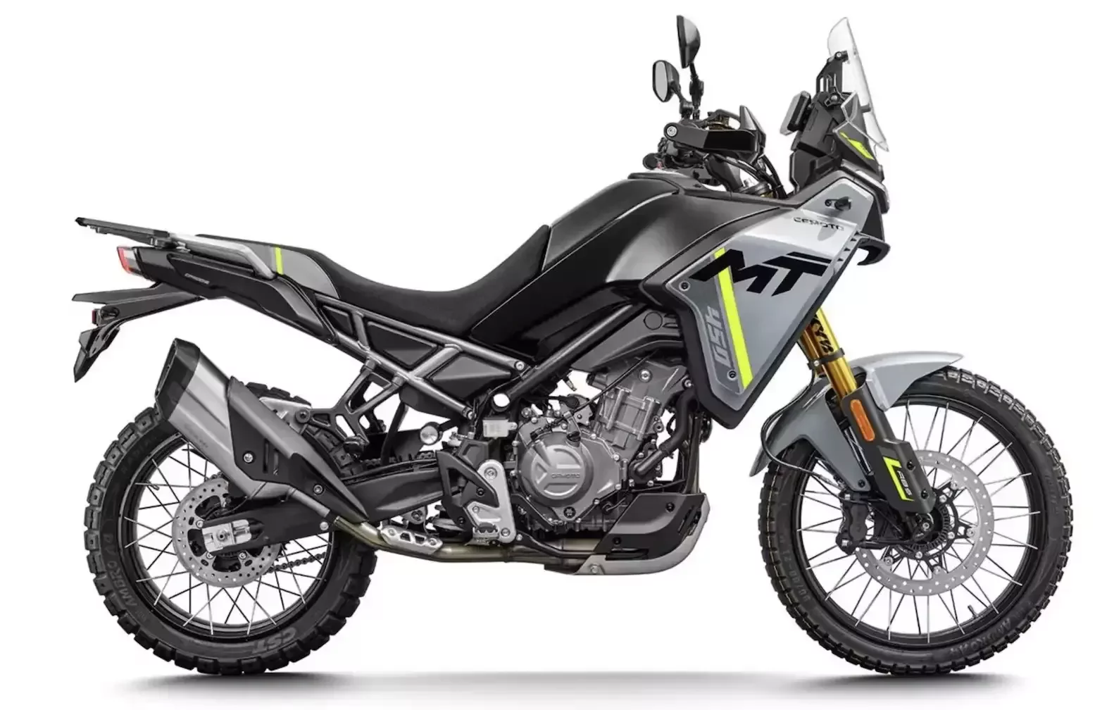 CFMoto 450MT adventure motorcycle built for off-road riding across sand, mud, and steppe terrain.